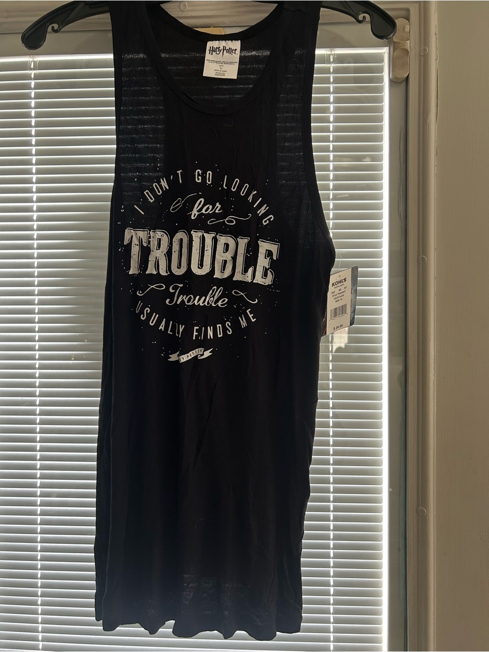 Kohl's Black Tank with White 'Trouble' Graphic
